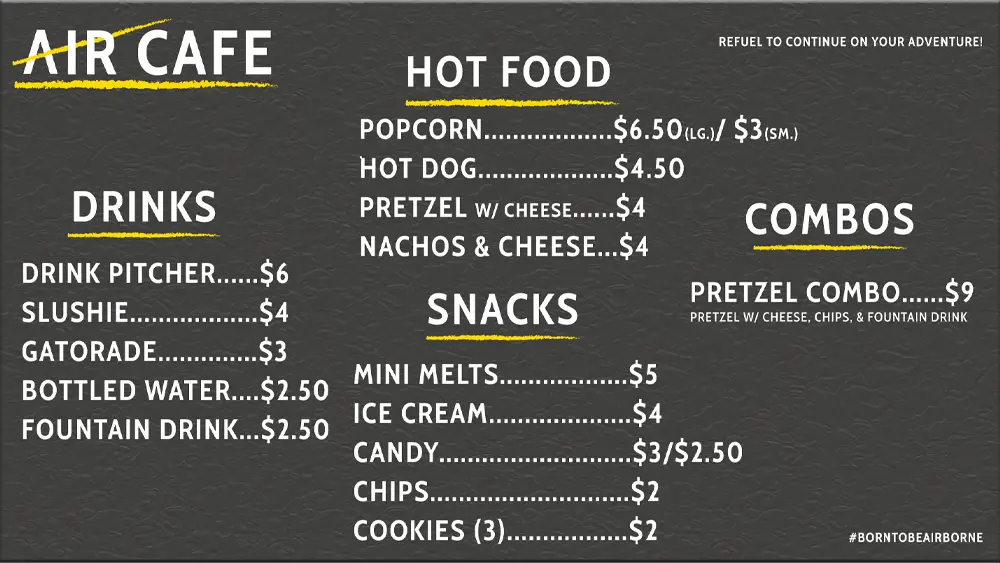 Image of the Taylor Air Café Menu at Airborne Adventure.